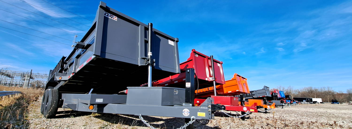 Dump Trailers in colors grey, red, black, blue and orange for sale near Cleveland Ohio